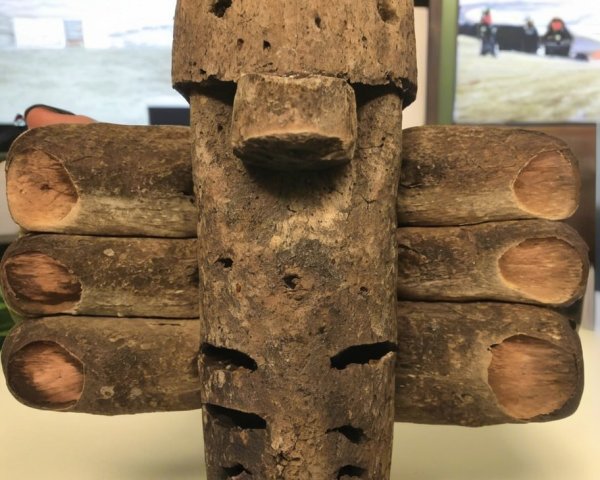 Rustic Wooden Sculpture Resembling a Mask or Figure