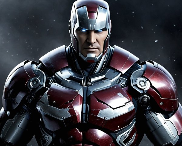Armored superhero in red and silver metallic suit