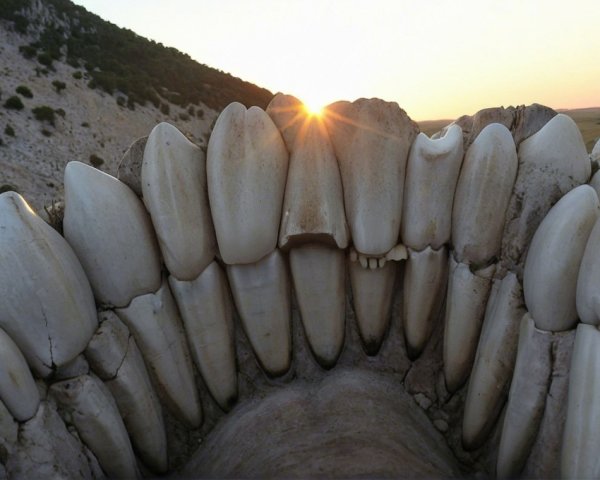 Close-Up of Tooth-Like Structures with Sunset Background