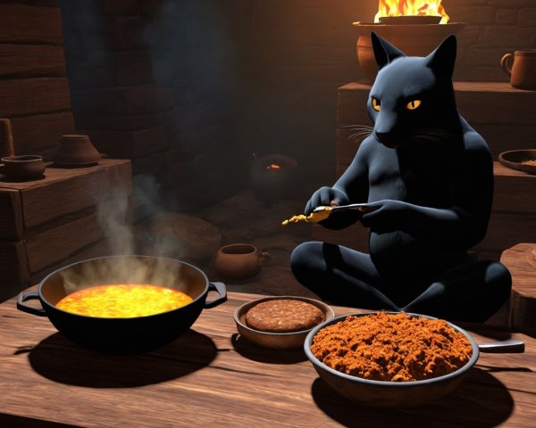 Humanoid Cat Stirring Golden Stew in Cozy Kitchen