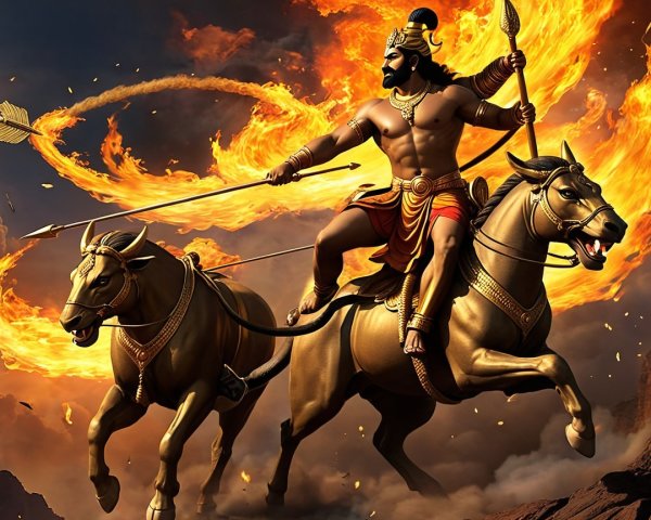 Warrior on Golden Horses with Fiery Bow and Arrow