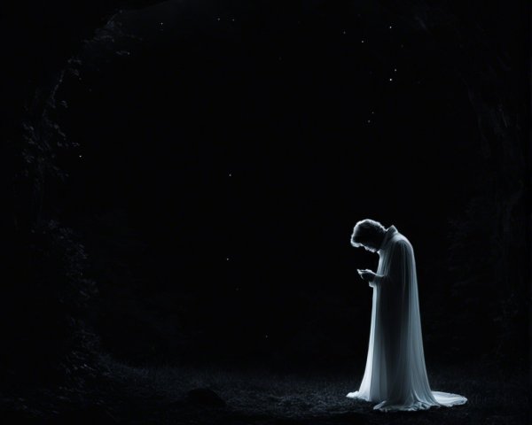 Solitary Figure in White Gown in Dark Cavern Space
