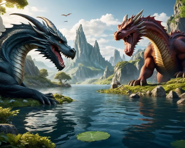 Dragons Facing Across a Serene Lake in Fantasy Landscape