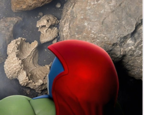 Close-up of a character in red hood by rocky formations