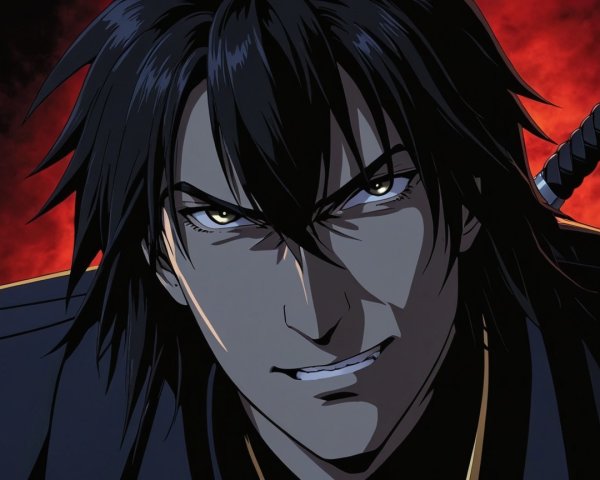 Fierce Male Character with Intense Expression and Red Background
