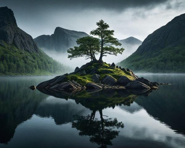 Serene Landscape with Tree and Mountain Reflection
