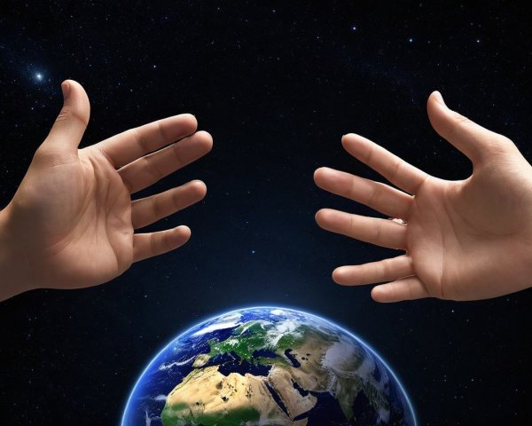 Hands Reaching in Space with Earth Below and Stars
