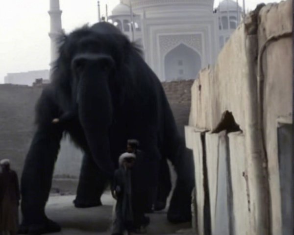 Elephant Overlooks Narrow Street with Domed Structure