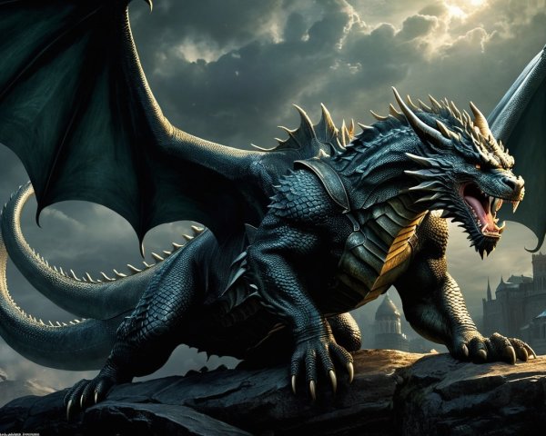 Dragon on Rocky Outcrop Under Dramatic Sky