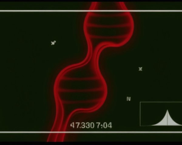 Stylized Red DNA Helix with Technical Readouts