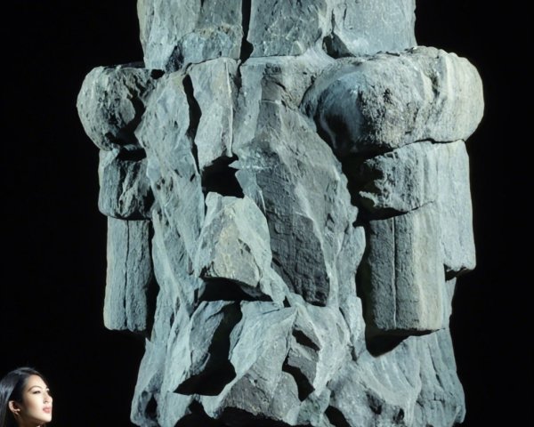 Large Stone Moai Statue with Woman in Teal Blazer