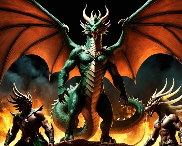 Majestic green dragon with armored warriors in fiery scene