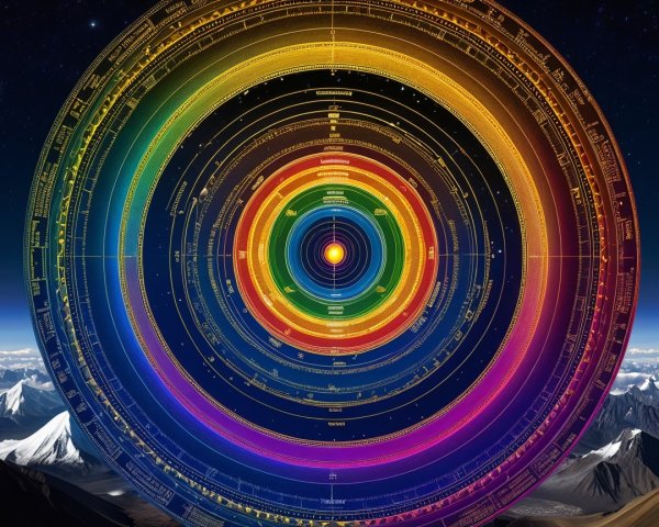 Color-gradient spectrum with mountains and starry sky