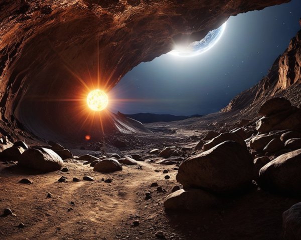 Cave Interior with Sunlight and Night Sky Planet