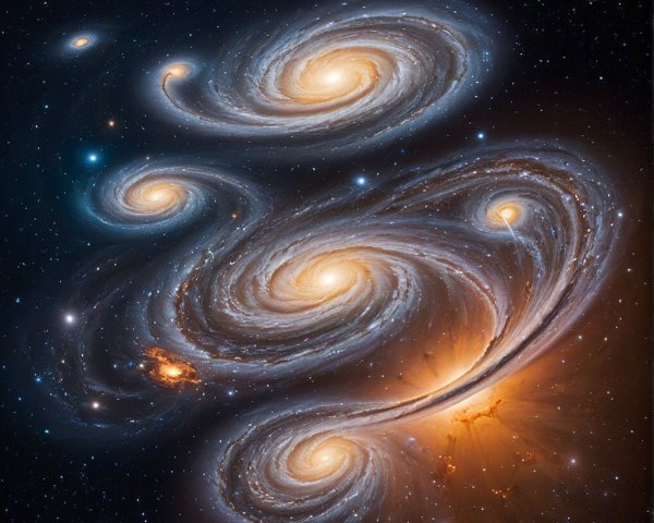 Cosmic Scene with Swirling Galaxies and Stars