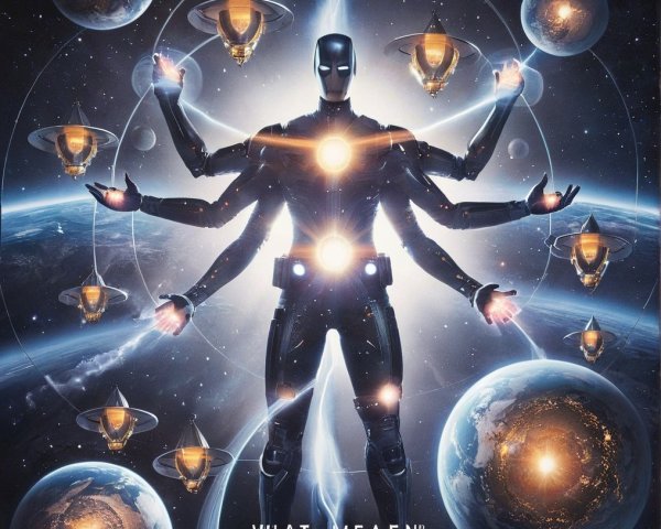 Futuristic figure with glowing arms in cosmic setting