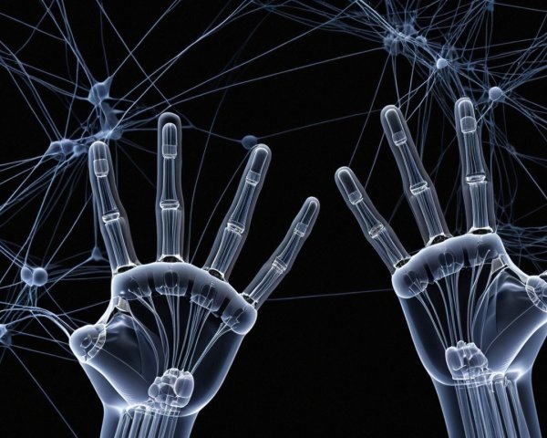 Translucent Skeletal Hands with Glowing Connections