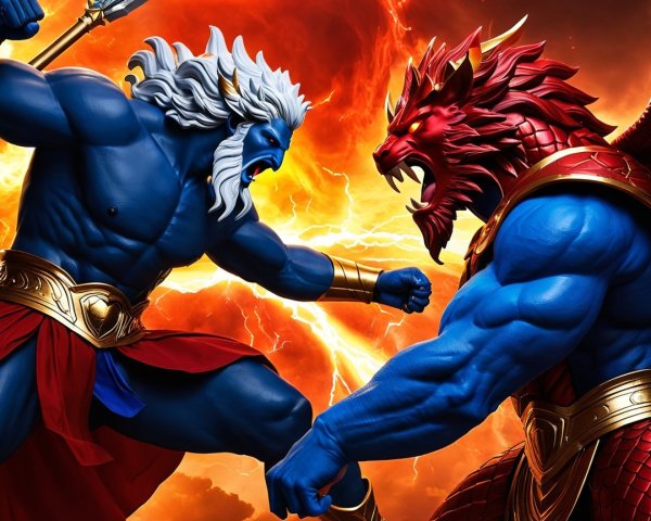 Epic Battle Between Blue Warrior and Red Beast
