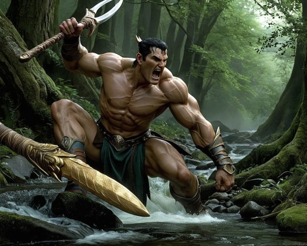 Muscular Warrior in Stream Surrounded by Greenery