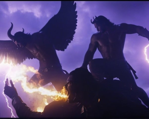 Dramatic Confrontation of Winged Figures in Stormy Setting