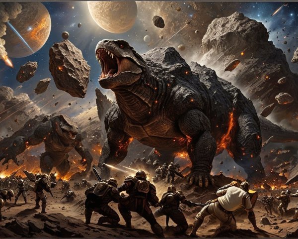Lava-Spewing Turtles Confront Armored Soldiers in Space