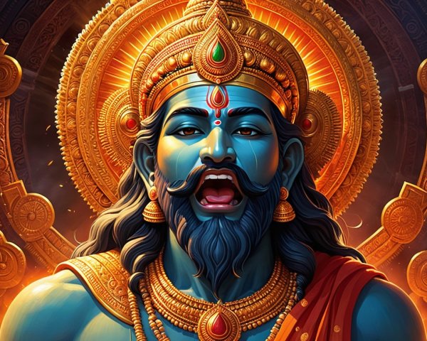 Vibrant depiction of a blue-skinned Hindu deity