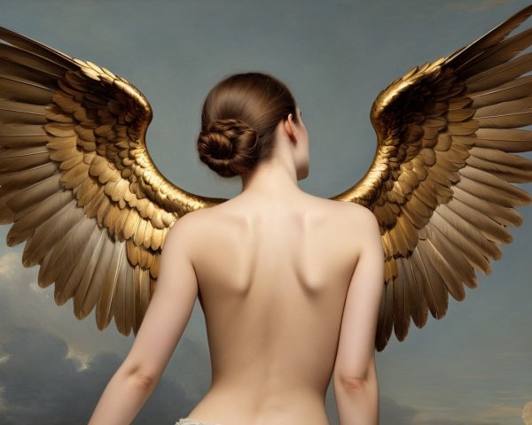 Woman with Bronze Wings in Ethereal Pose Against Sky