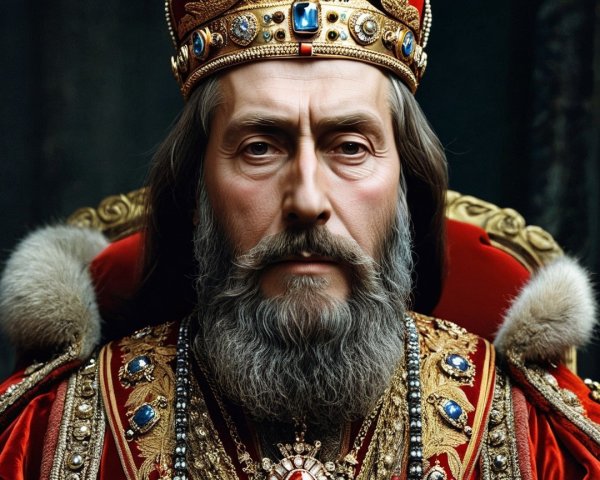 Regal figure on ornate throne in grand palace setting