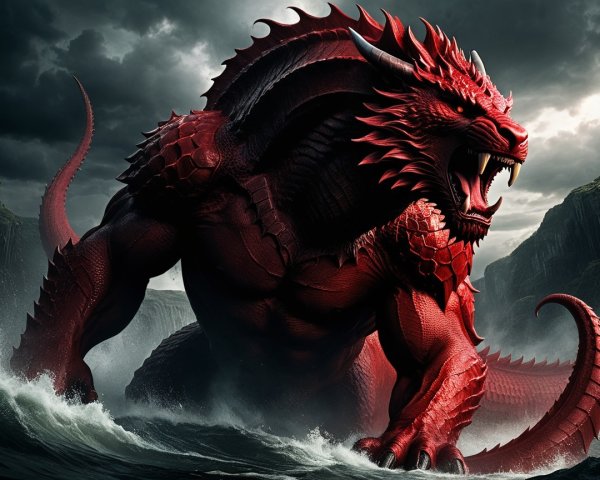 Red Dragon Rising from Stormy Waves with Ominous Clouds