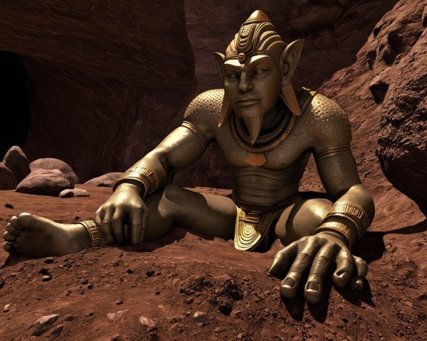 Humanoid Stone Statue in Dark Rocky Cave Setting