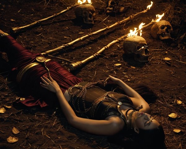 Woman in Dark Outfit Surrounded by Torches and Skulls