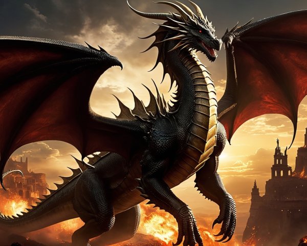 Majestic dragon in a fiery, dramatic landscape