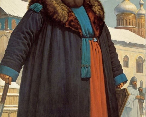 Formidable Figure in Fur Cloak in Snowy Landscape