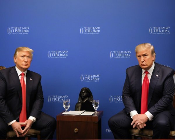 Identical Figures in Suits Against Blue Backdrop