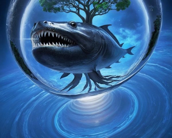 Surreal Scene of Giant Fish in Transparent Sphere