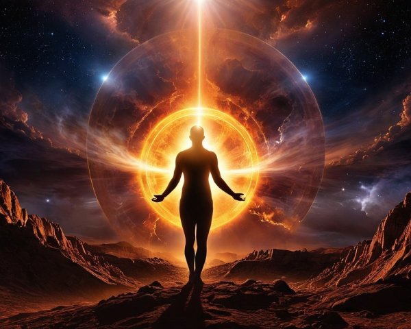 Silhouetted Figure in Cosmic Landscape with Golden Orb