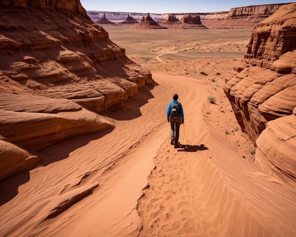 Solitary Hiker on Sandy Path in Desert Landscape