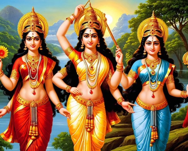 Three Divine Figures in Vibrant Landscape Art