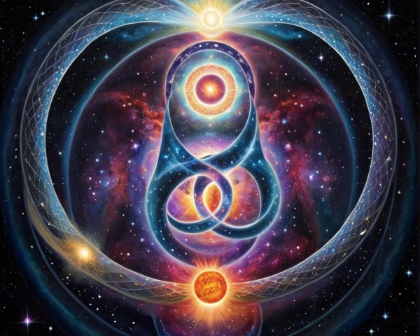 Cosmic Illustration of Intertwining Orbs and Galaxies