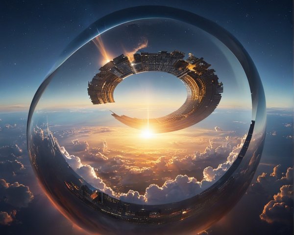 Surreal Reflection of a Futuristic City at Sunrise
