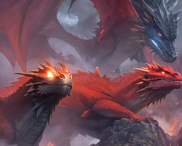 Three Distinct Dragons in a Dramatic Scene