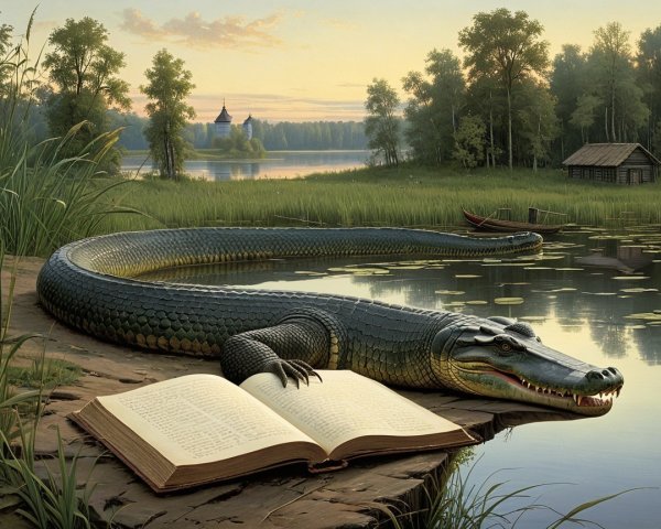 Lakeside Scene with Crocodile and Open Book