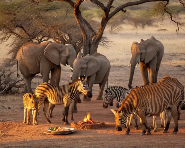 Elephants and Zebras at a Savanna Watering Hole