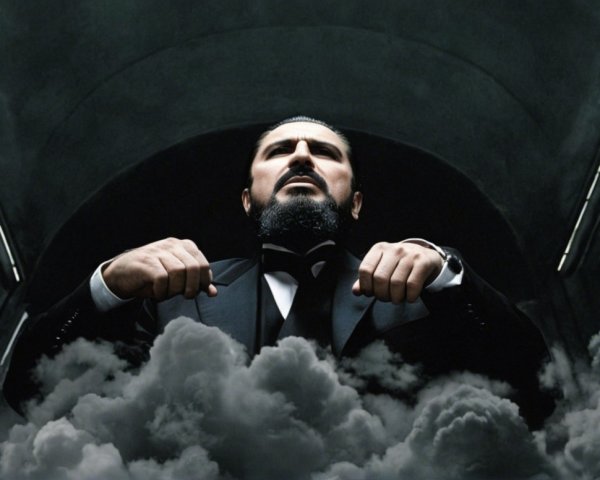 Man in Black Suit Against Dark Cloudy Background