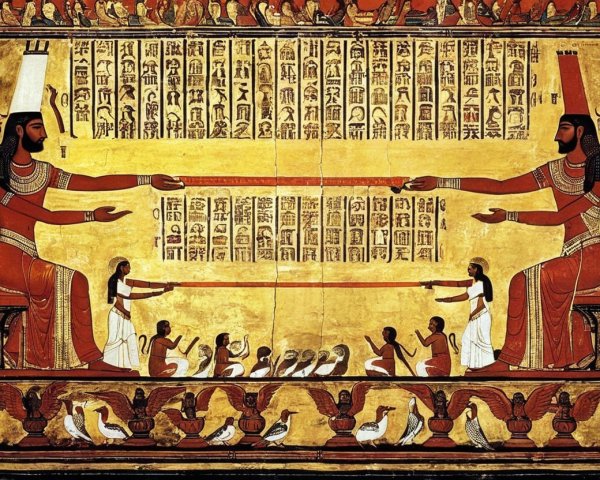Ancient Egyptian Artwork with Figures and Hieroglyphics