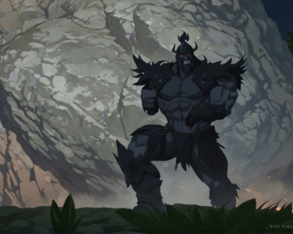 Muscular Figure in Dark Armor Before Massive Boulder