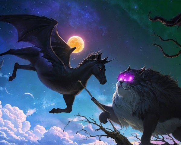 Mythical Black Unicorn with Wings in Night Sky Scene