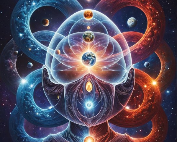 Cosmic Figure with Translucent Head and Celestial Elements