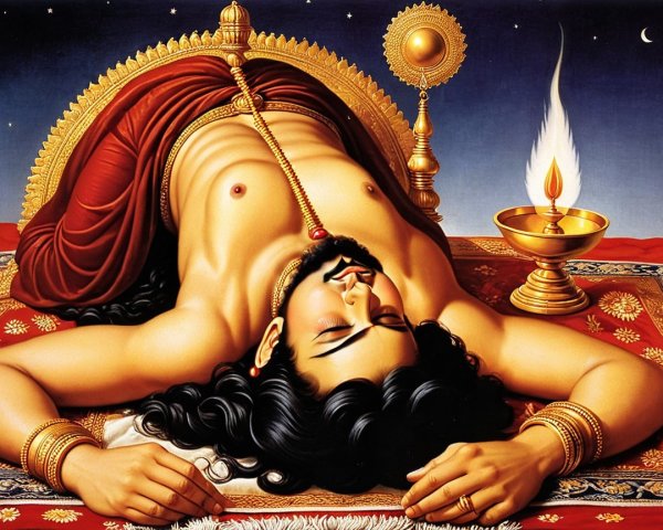 Serene Figure on Adorned Surface with Oil Lamp