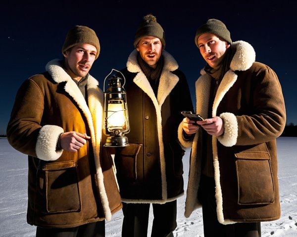 Men in Fur Coats on Snowy Landscape at Night
